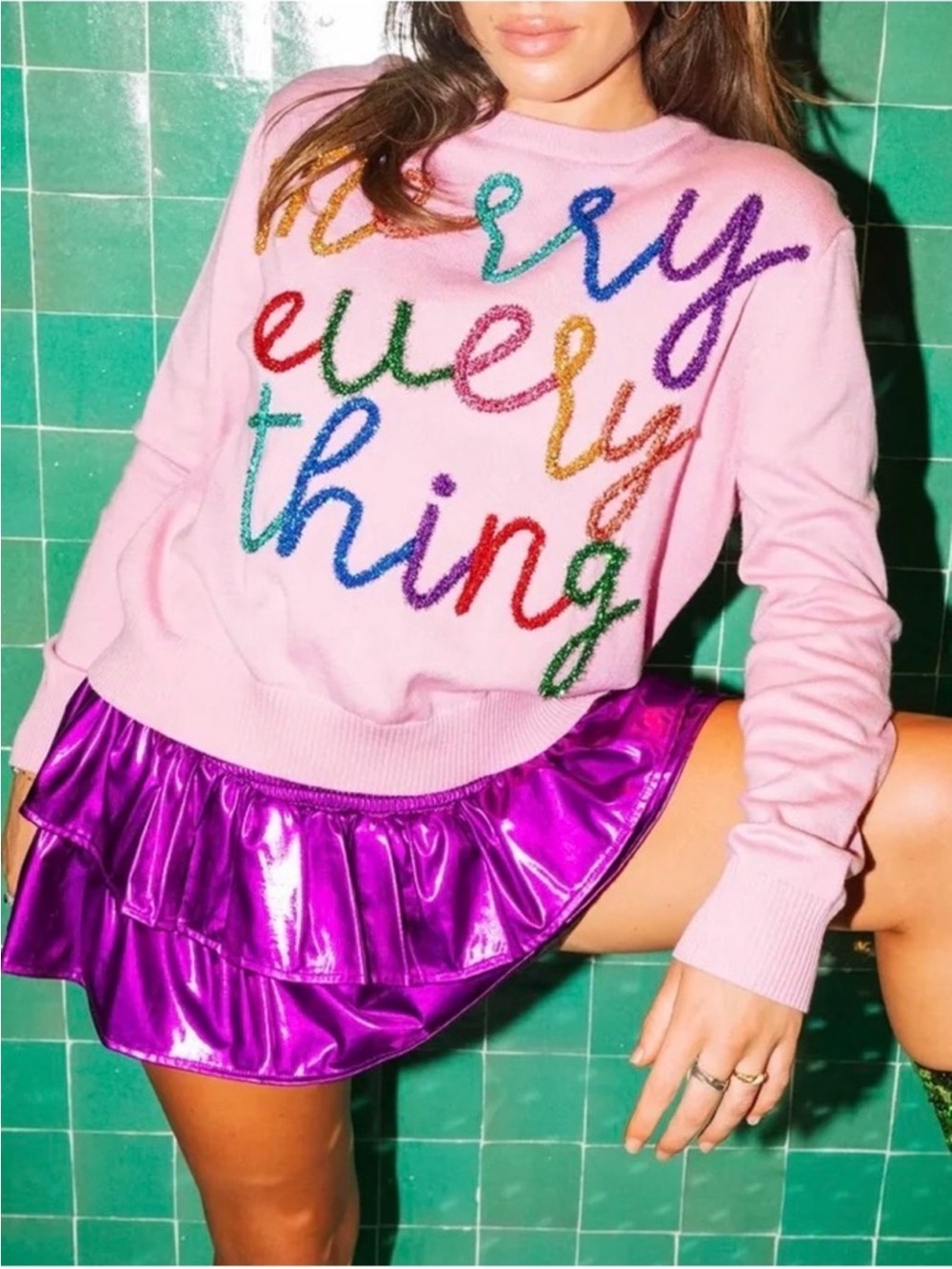 Queen of Sparkles Merry Everything Pink Rainbow Tinsel Sparkly Thread Sweater XS